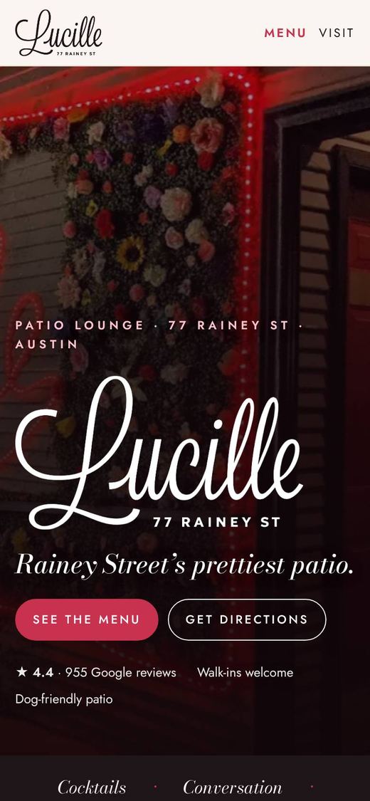 Lucille Patio Lounge website on a phone